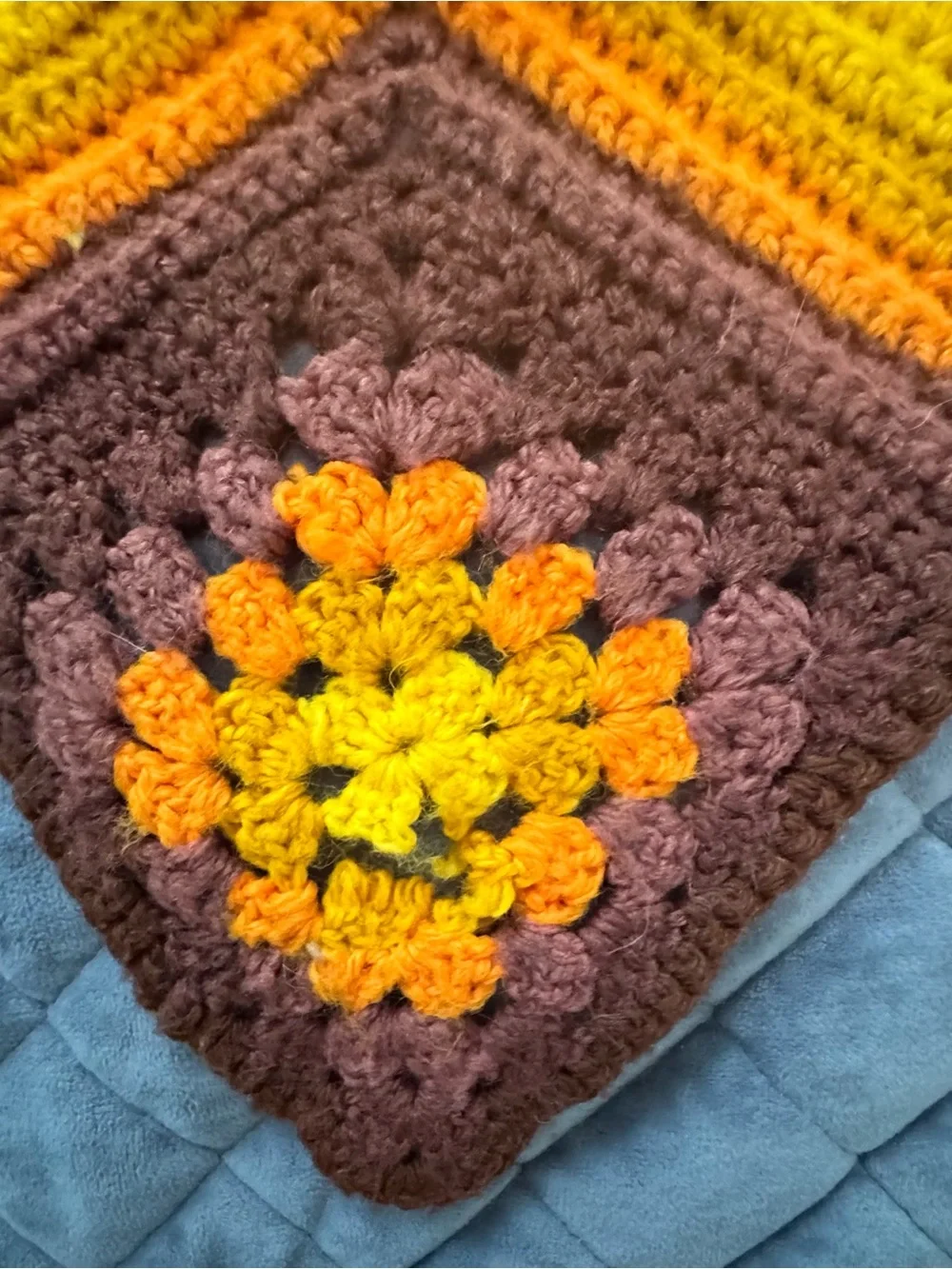 VTG 70s Throw Handmade Crochet Chevron Granny Square Yellow Brown Orange 52